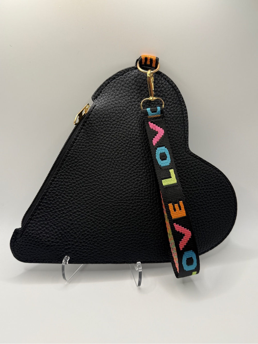 NWOT Black Heart-Shaped Wristlet Clutch with Colorful LOVE Strap - Picture 4 of 5